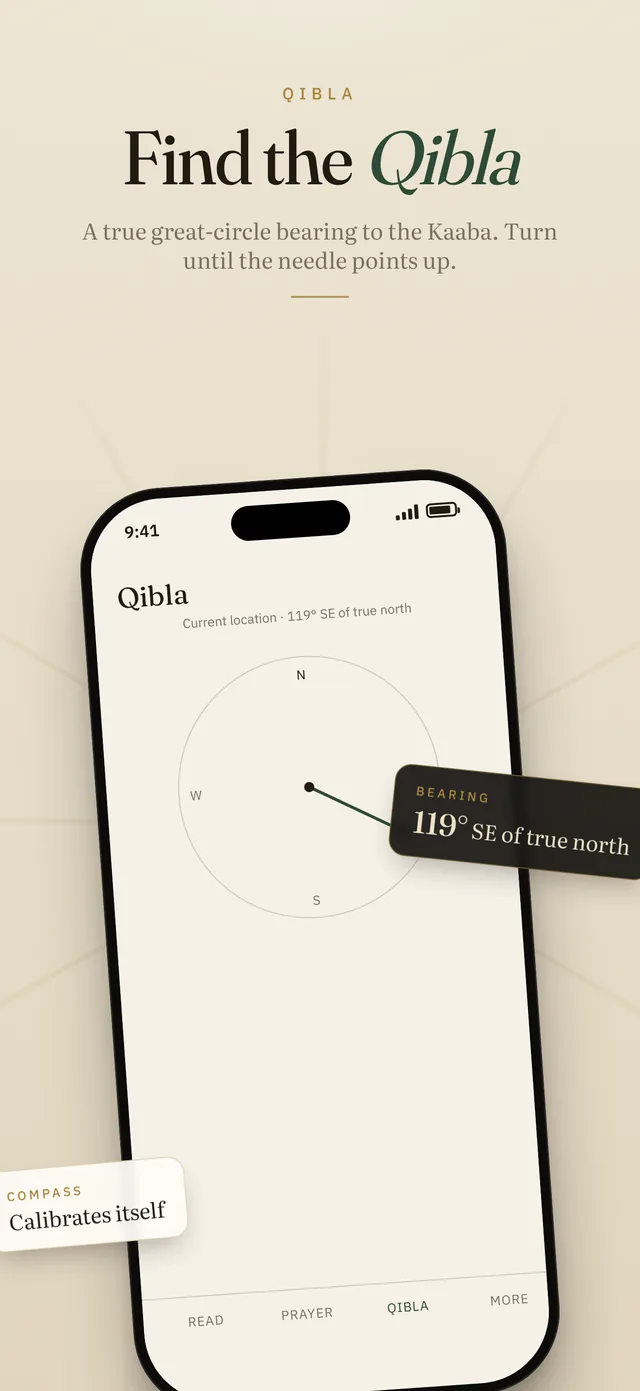 Find the Qibla — a true bearing to the Kaaba
