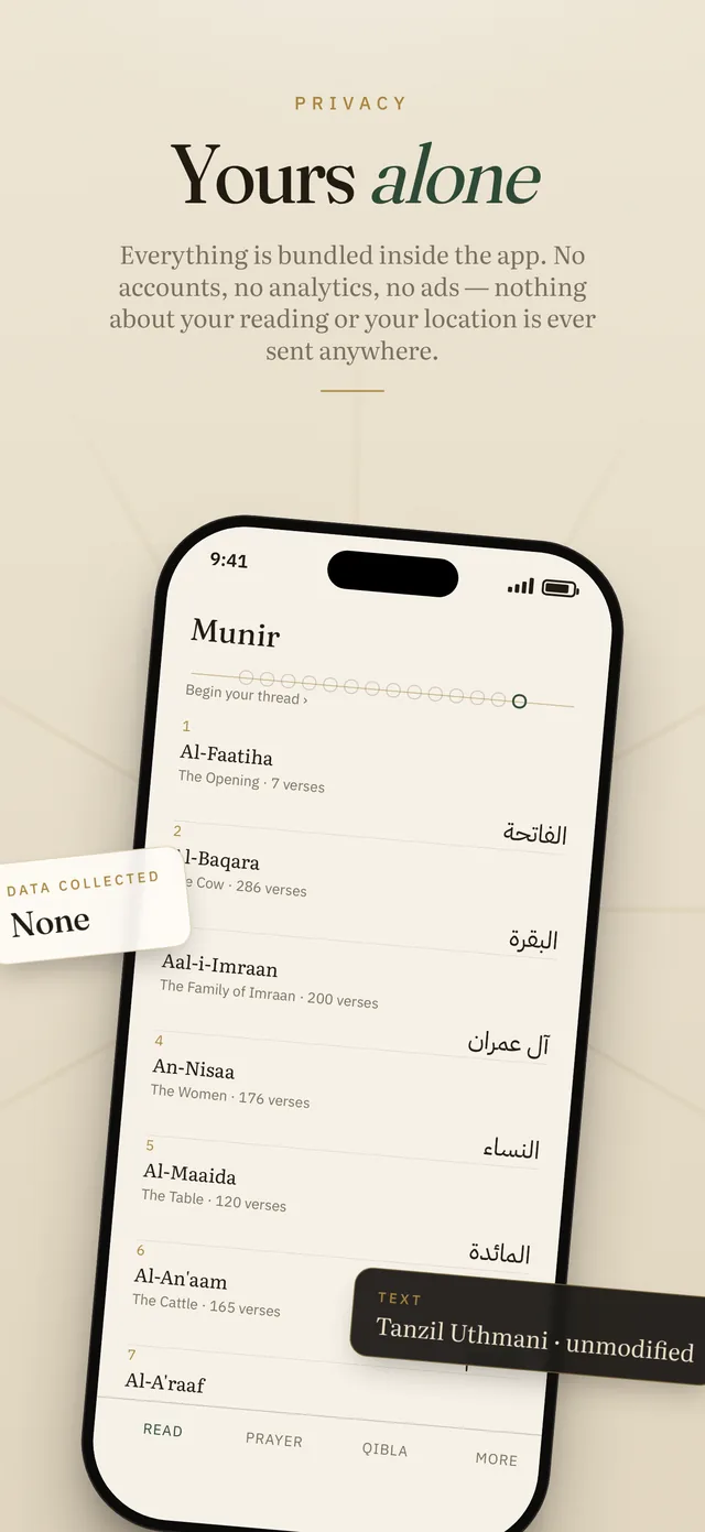 Yours alone — no accounts, no analytics, no ads