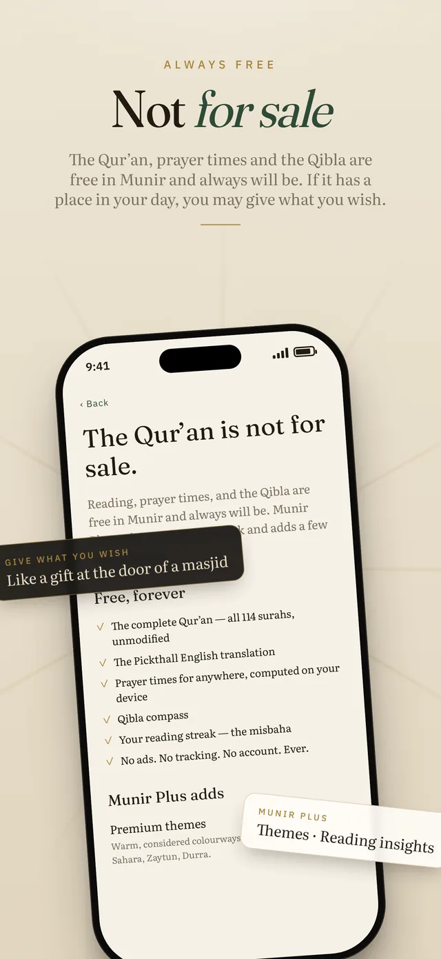 Not for sale — the Qur'an, prayer times and Qibla are free forever